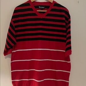 V‑Neck Red & Black Striped Tee with White Accent Lines